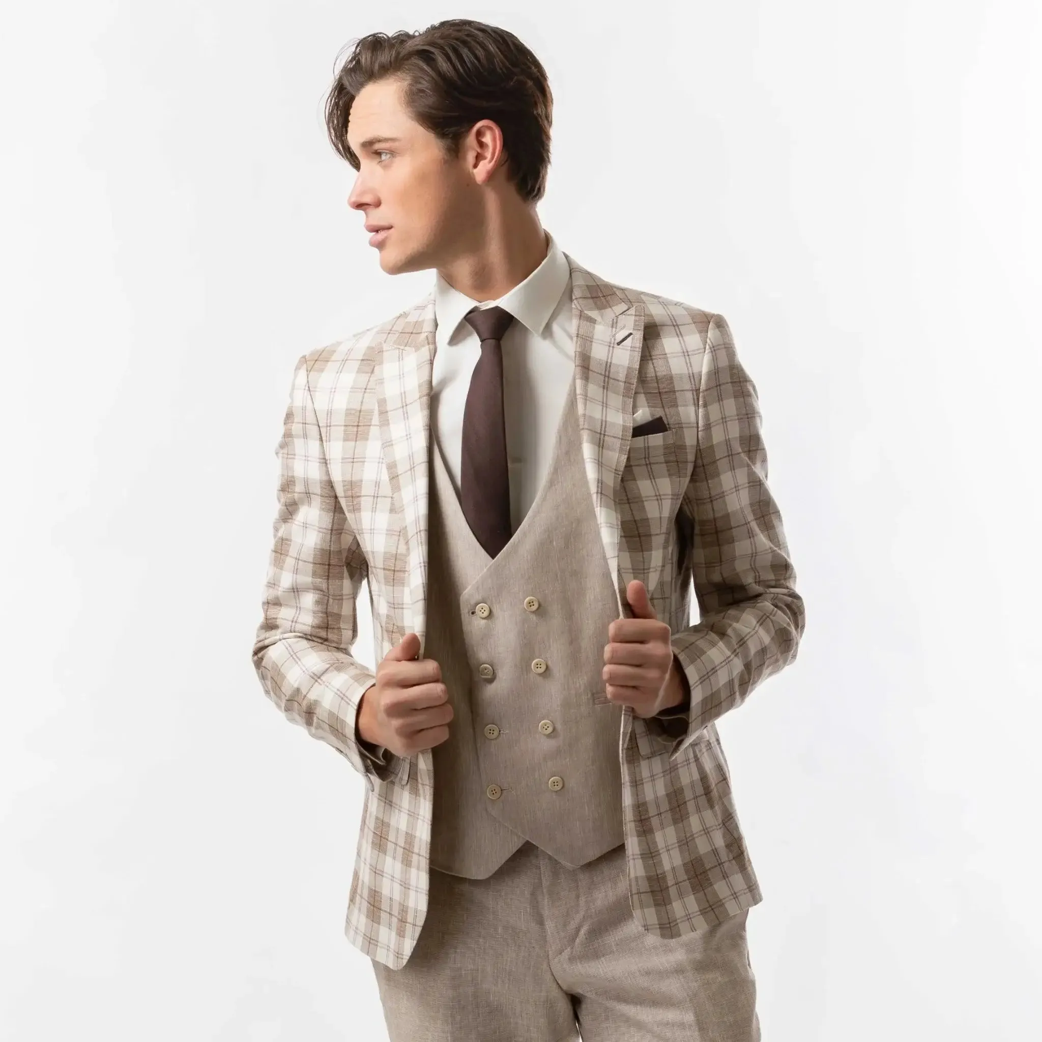 Slim Fit Blazer Cream White And Brown Plaid