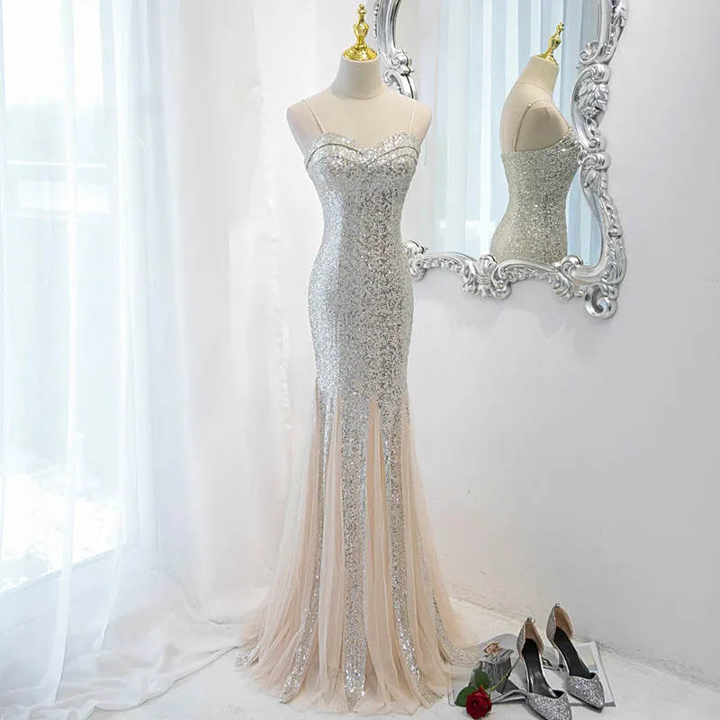 Sliver Sequins Mermaid Straps Long Evening Gown Prom Dress, Long Party Dress Formal Dresses