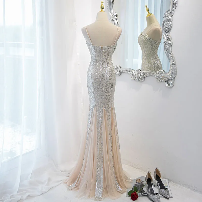 Sliver Sequins Mermaid Straps Long Evening Gown Prom Dress, Long Party Dress Formal Dresses