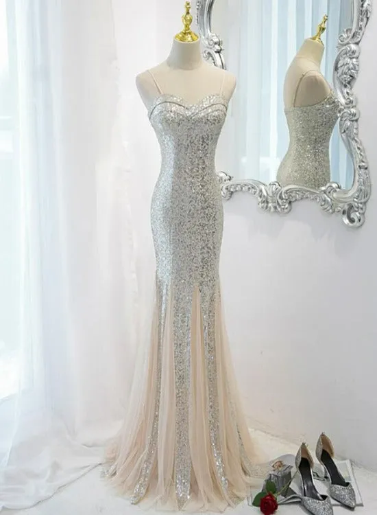 Sliver Sequins Mermaid Straps Long Evening Gown Prom Dress, Long Party Dress Formal Dresses
