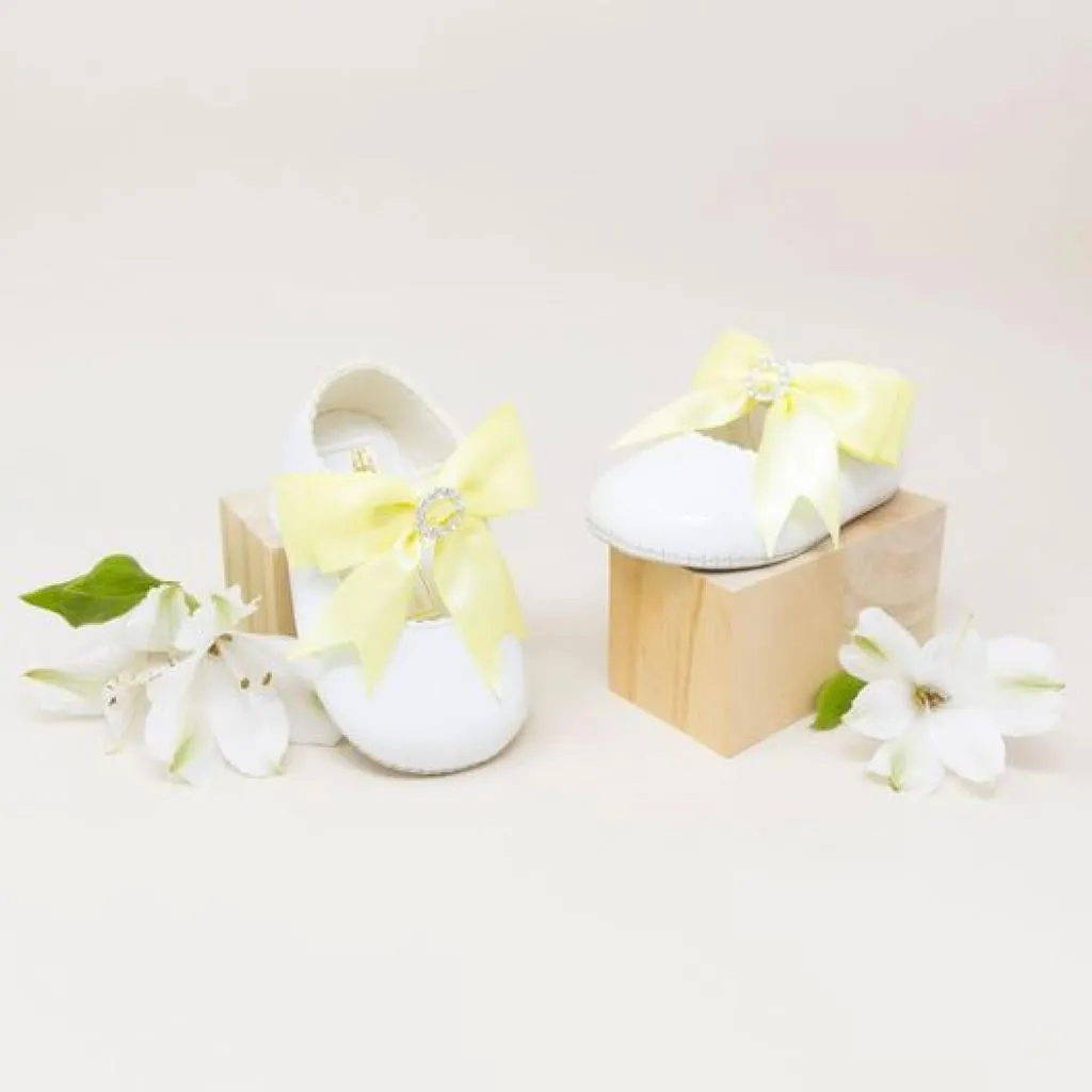Soft Sole Yellow Ribbon Bow Diamonte Shoes - Newborn To 18 Months