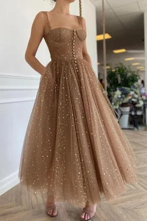 Sparkly A-line Prom Dresses Tulle Tea-length Evening Gowns TP1005