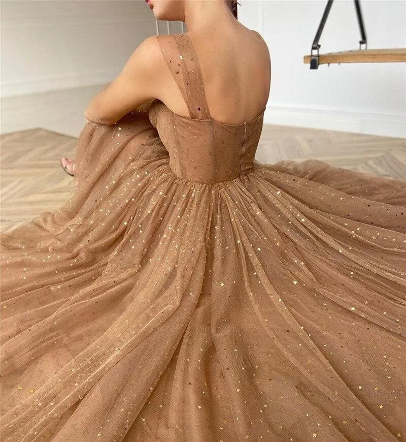 Sparkly A-line Prom Dresses Tulle Tea-length Evening Gowns TP1005