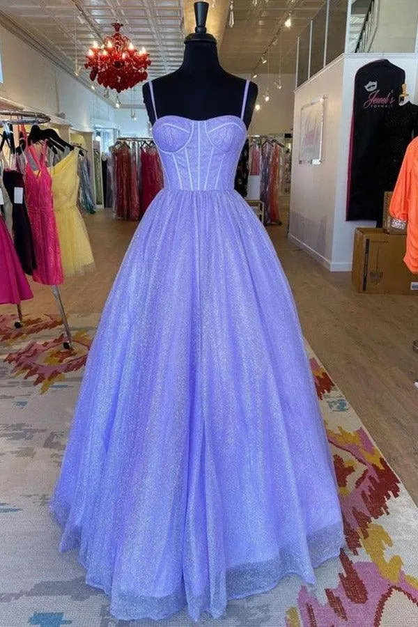Sparkly Tulle Sweetheart Lavender Straps Long Prom Formal Dress TP1169