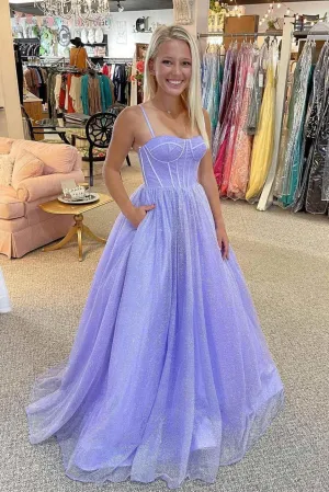 Sparkly Tulle Sweetheart Lavender Straps Long Prom Formal Dress TP1169