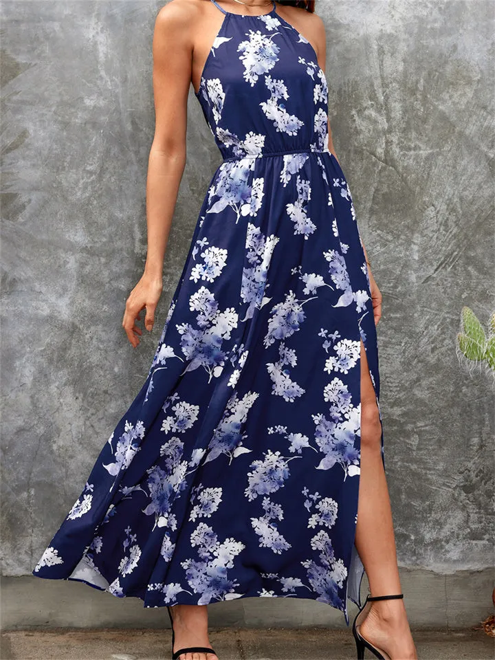 Spring and Summer New Hanging Neck Ties Open Fork Casual Vacation Print High Waist Long Skirt Elegant Wind Dress Female