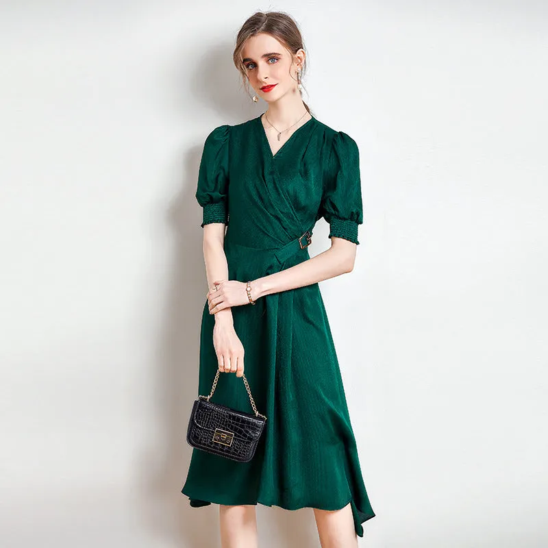 Spring and Summer Silk Dress V-neck Slim Waist Dress