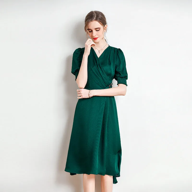 Spring and Summer Silk Dress V-neck Slim Waist Dress