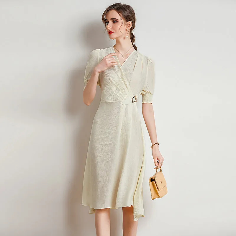 Spring and Summer Silk Dress V-neck Slim Waist Dress