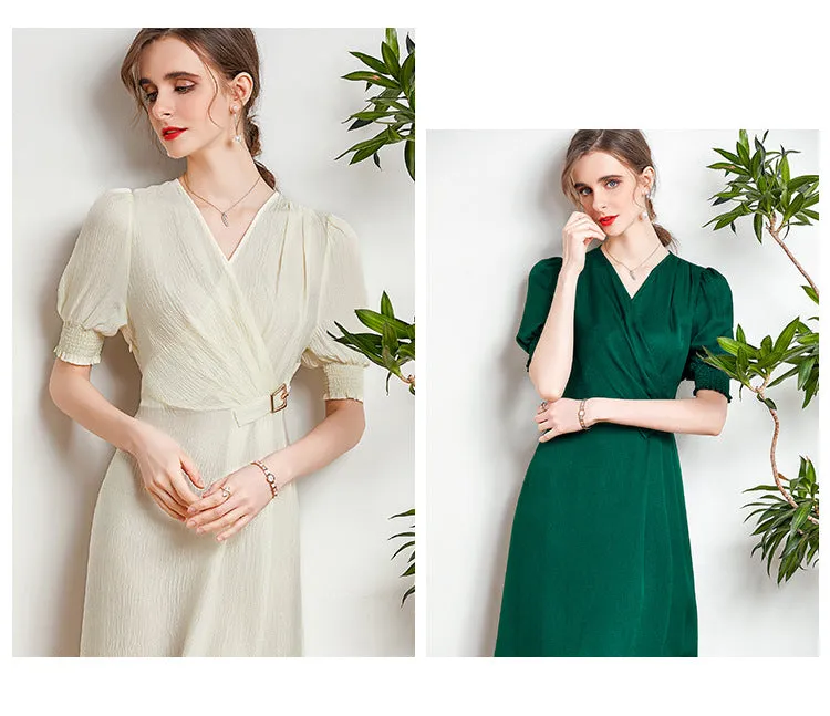 Spring and Summer Silk Dress V-neck Slim Waist Dress
