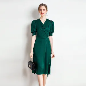 Spring and Summer Silk Dress V-neck Slim Waist Dress