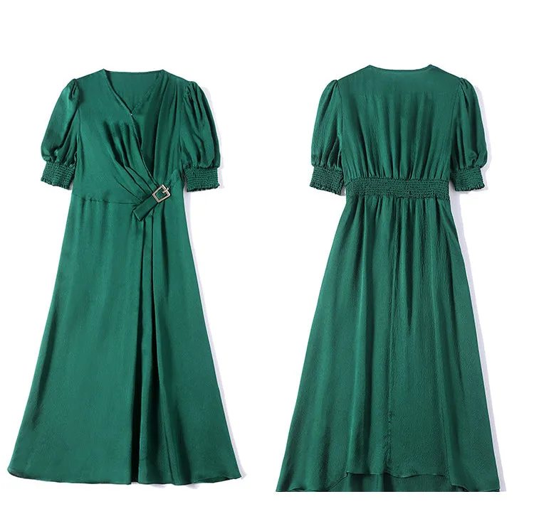Spring and Summer Silk Dress V-neck Slim Waist Dress