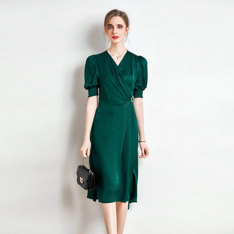 Spring and Summer Silk Dress V-neck Slim Waist Dress
