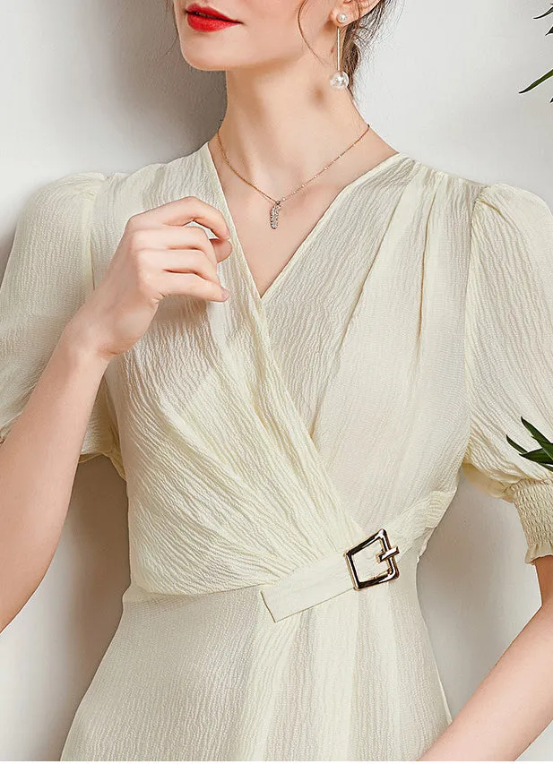 Spring and Summer Silk Dress V-neck Slim Waist Dress