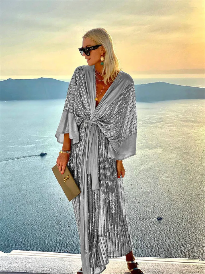Spring and Summer Temperament Women's Sequin V-neck Cardigan Bat Sleeve Mid-waist Elegant Wind Party Vacation Dress