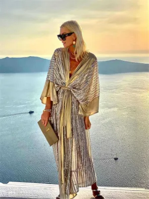 Spring and Summer Temperament Women's Sequin V-neck Cardigan Bat Sleeve Mid-waist Elegant Wind Party Vacation Dress