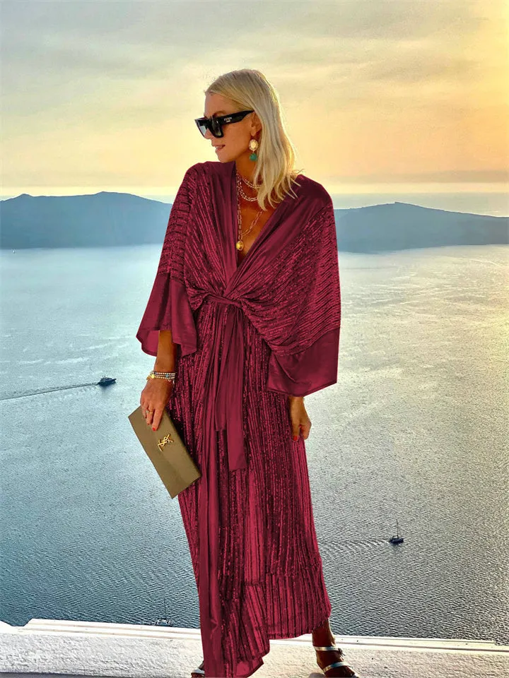 Spring and Summer Temperament Women's Sequin V-neck Cardigan Bat Sleeve Mid-waist Elegant Wind Party Vacation Dress
