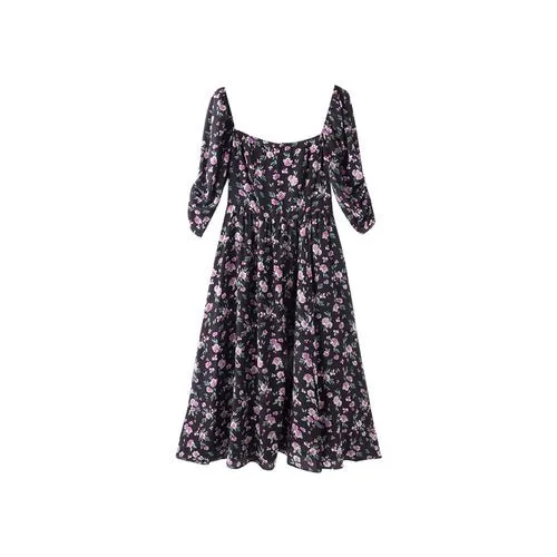 Square Neck Rose Print Slim Silk Dress