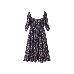 Square Neck Rose Print Slim Silk Dress