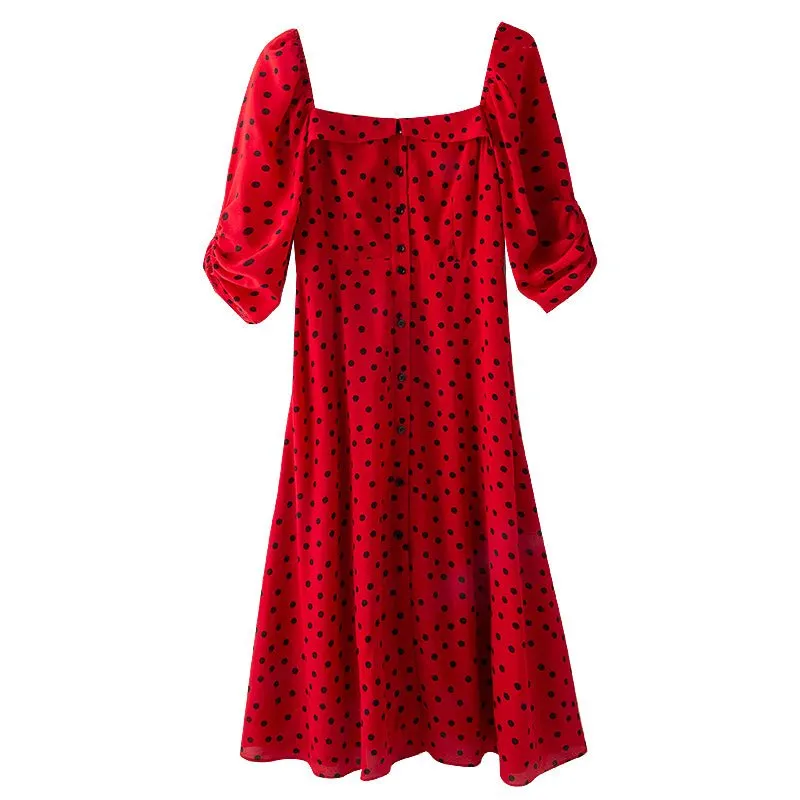 Square Neck Silk Red Bottom Black Polka Dot Dress