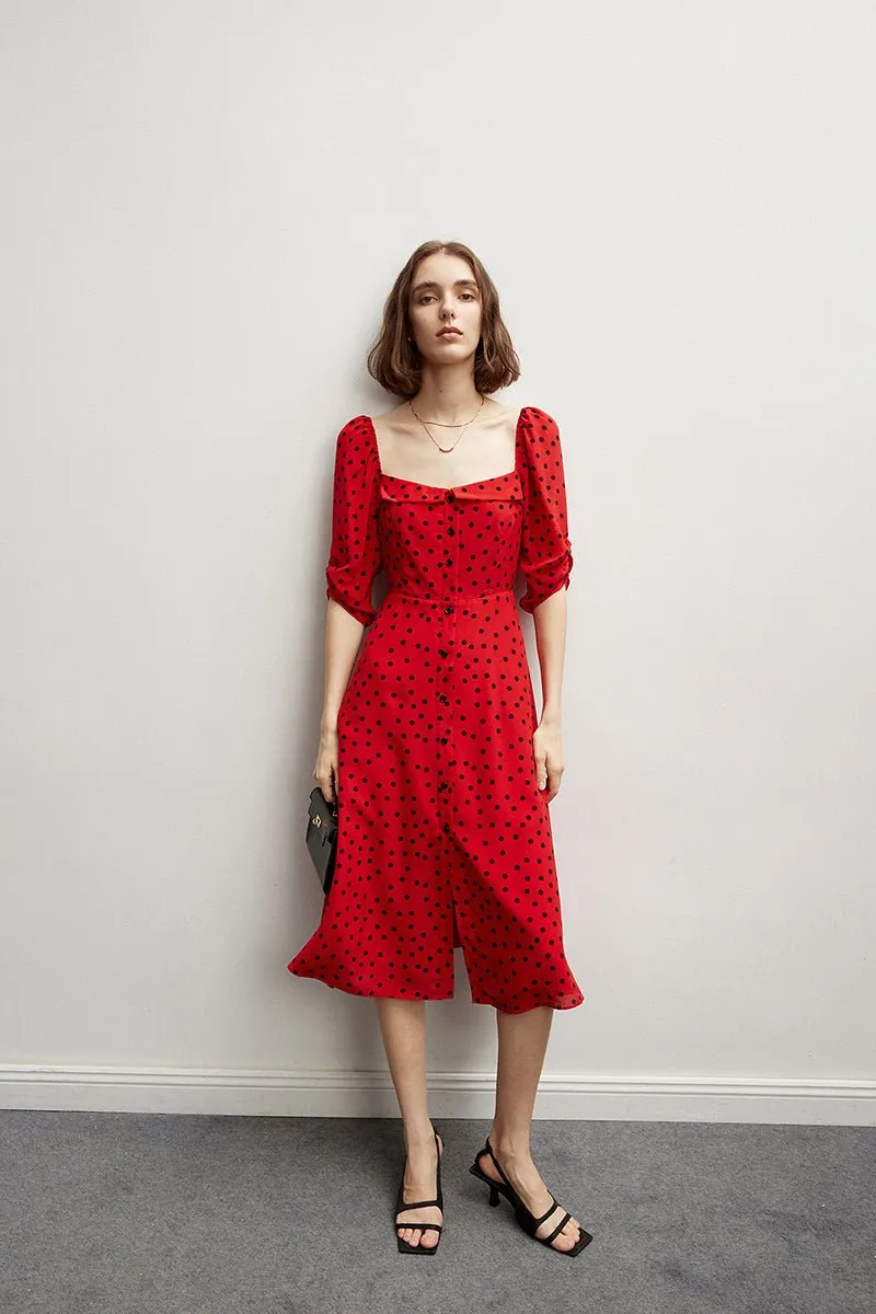 Square Neck Silk Red Bottom Black Polka Dot Dress