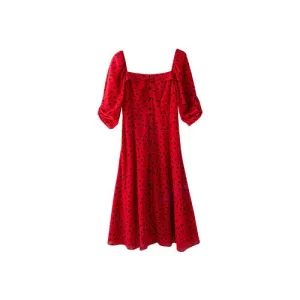 Square Neck Silk Red Bottom Black Polka Dot Dress