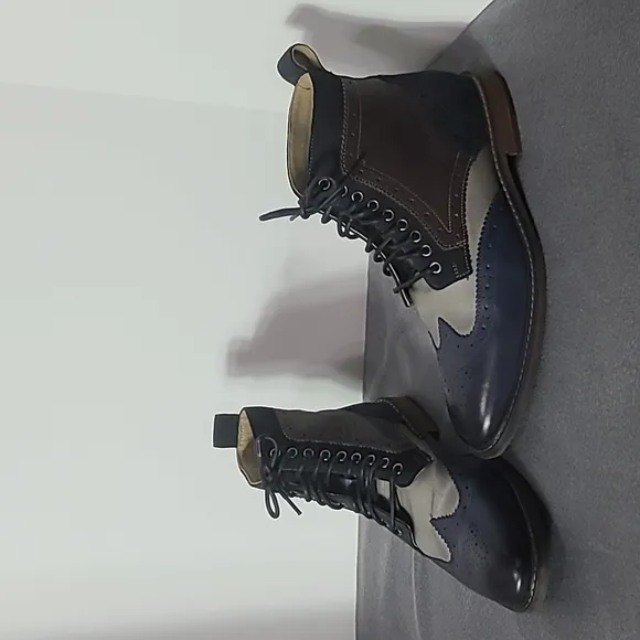 Stacy Adams FINNEGAN WINGTIP LACE UP BOOTS Navy Brown Leather Men’s Size 9.5