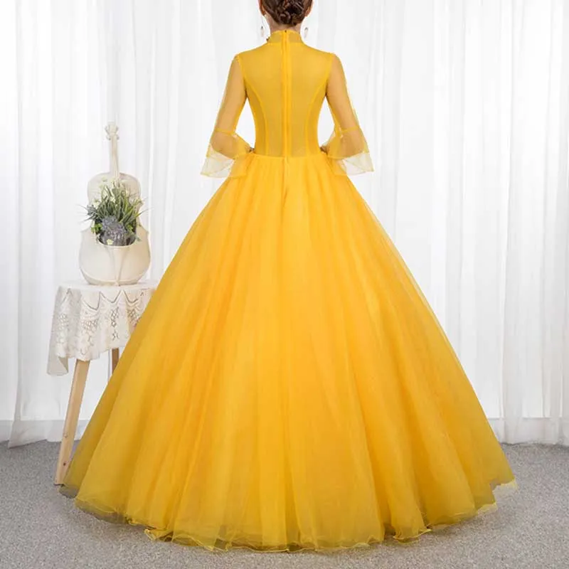 Standard Collar Yellow Tulle Ball Gown Dress With Sleeves