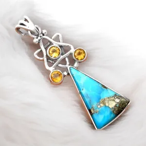 STAR Kingman Turquoise w Pyrite & Citrine Solid 925 Sterling Silver Pendant