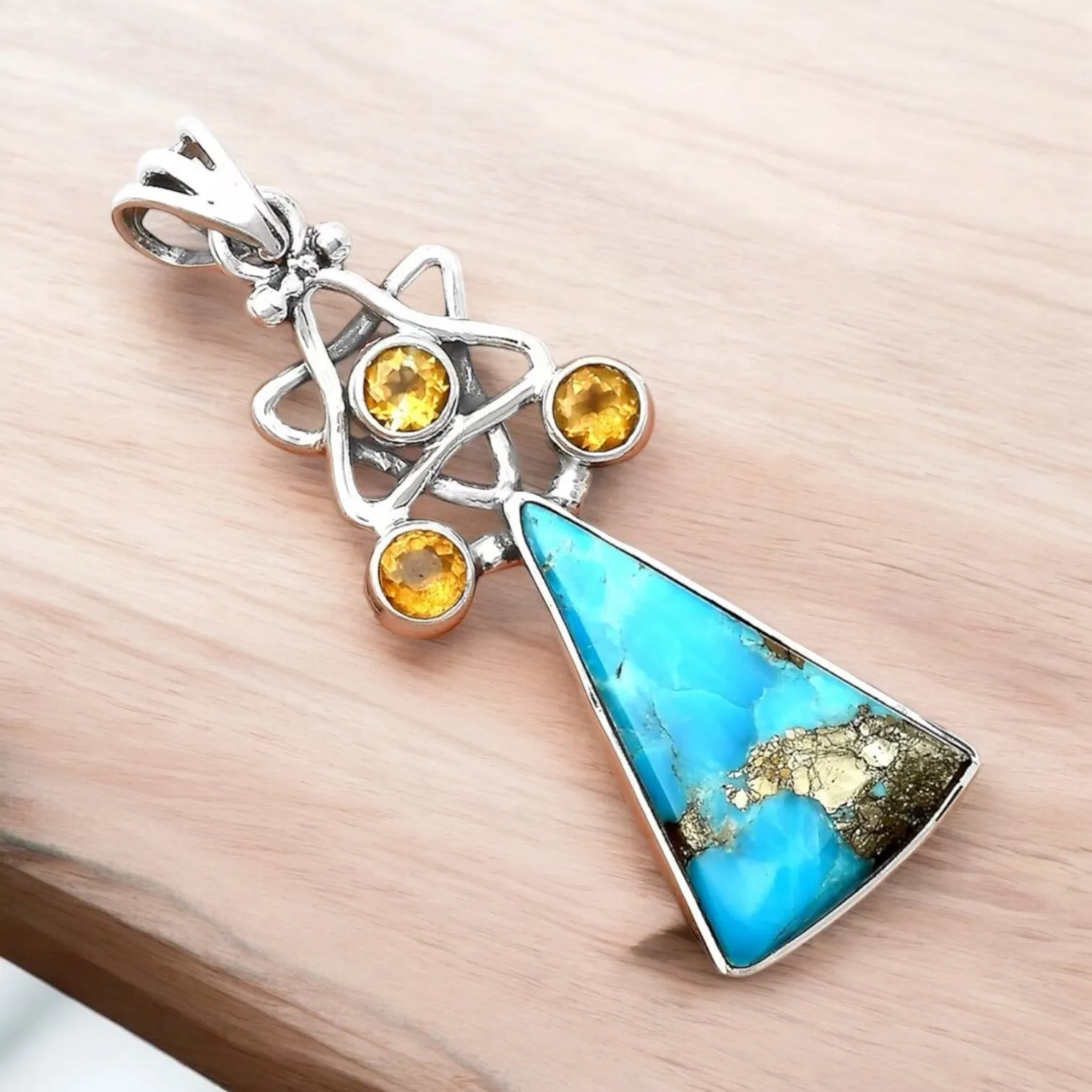 STAR Kingman Turquoise w Pyrite & Citrine Solid 925 Sterling Silver Pendant