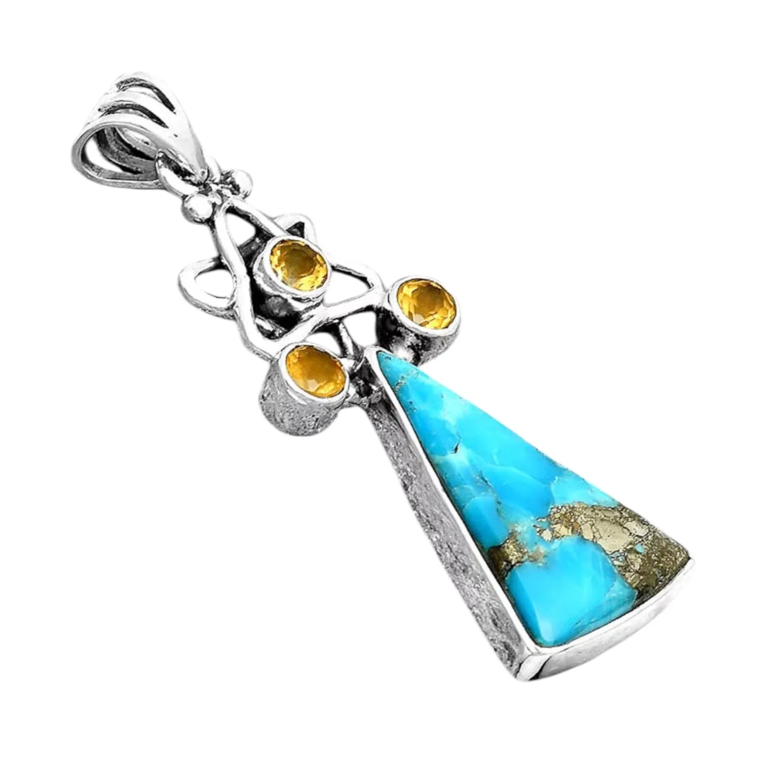 STAR Kingman Turquoise w Pyrite & Citrine Solid 925 Sterling Silver Pendant