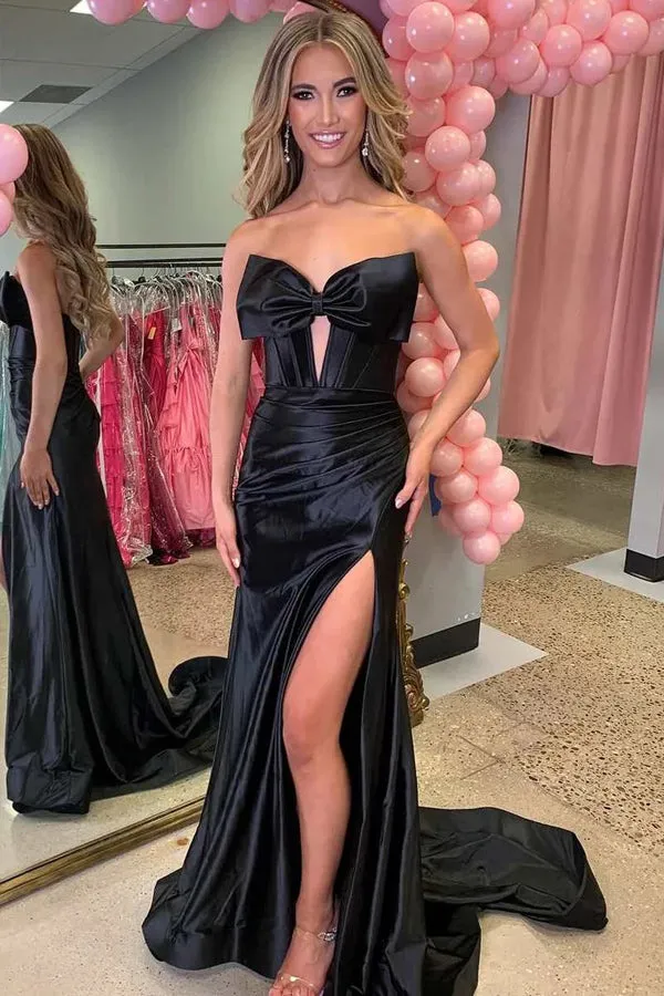 Strapless V-Neck Bow Satin Pleated Slit Red Long Prom Dress TP1391