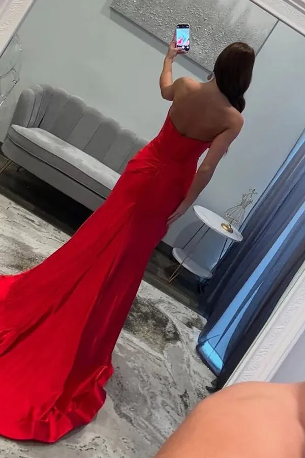 Strapless V-Neck Bow Satin Pleated Slit Red Long Prom Dress TP1391