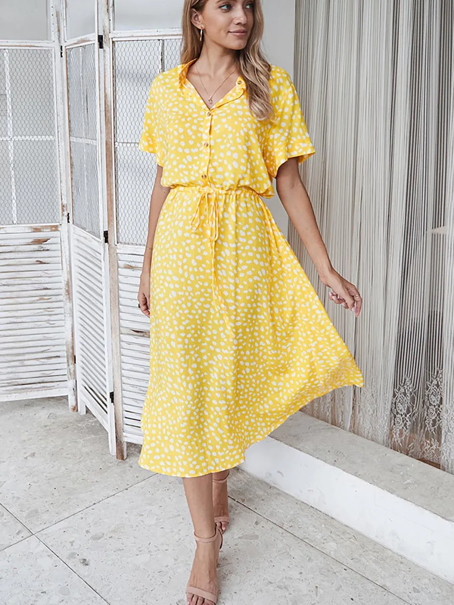 Stunncal Polka Dot Short-Sleeve Dress(7 colors)