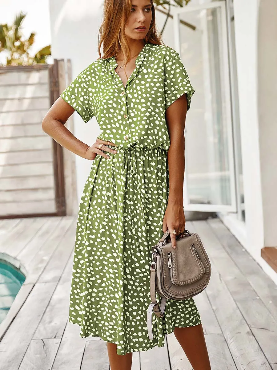 Stunncal Polka Dot Short-Sleeve Dress(7 colors)
