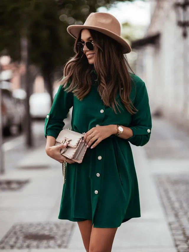 Stunncal Waist Tie Button Pull Sleeve Dress
