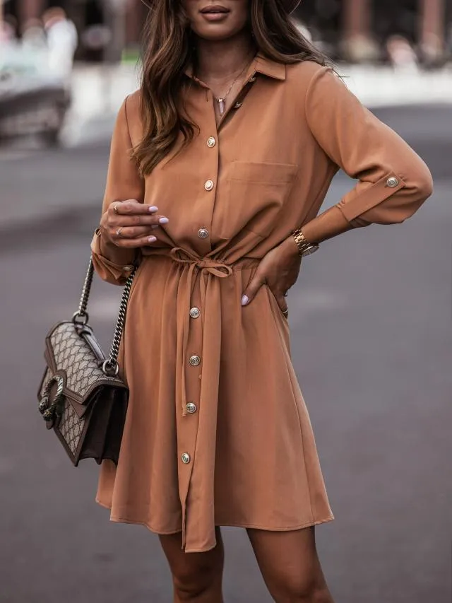 Stunncal Waist Tie Button Pull Sleeve Dress