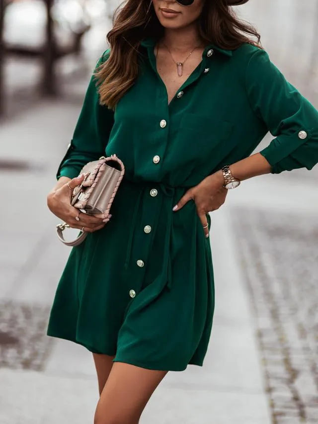 Stunncal Waist Tie Button Pull Sleeve Dress