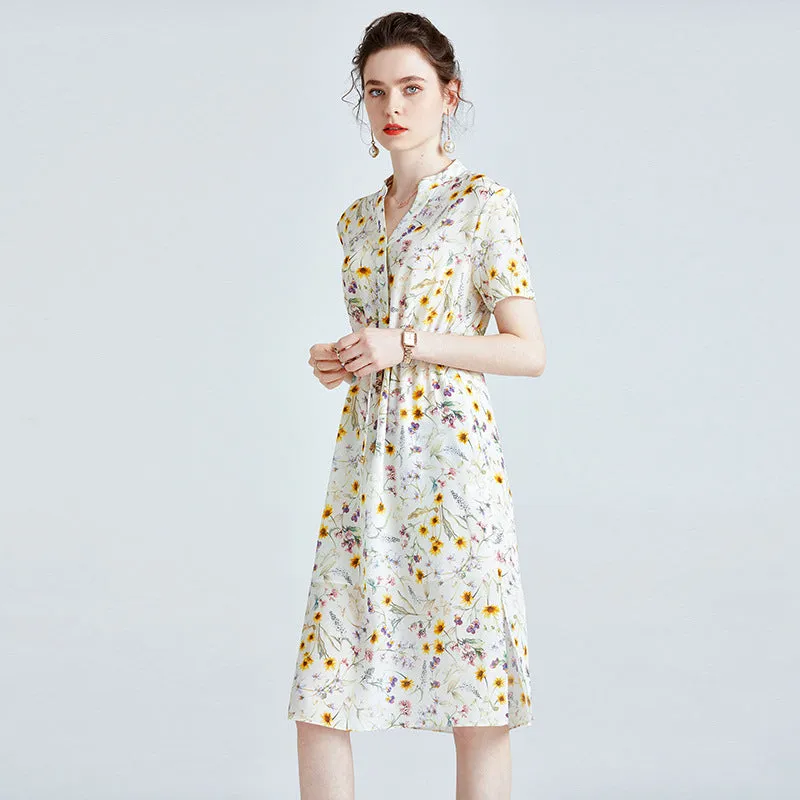 Summer Floral Silk Dress V-neck Short-sleeved Loose Waist Slit Dress
