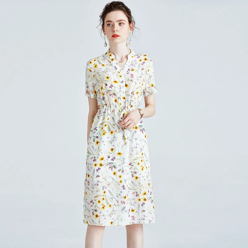 Summer Floral Silk Dress V-neck Short-sleeved Loose Waist Slit Dress