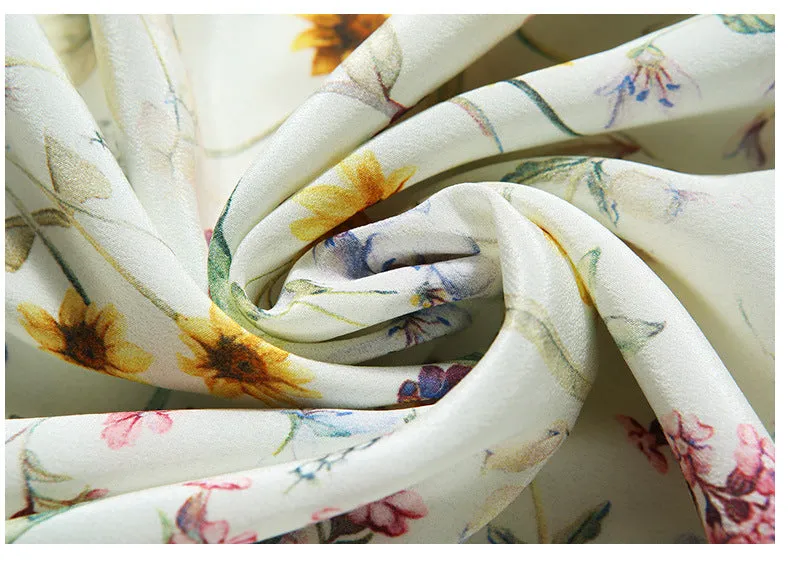 Summer Floral Silk Dress V-neck Short-sleeved Loose Waist Slit Dress