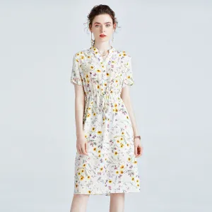 Summer Floral Silk Dress V-neck Short-sleeved Loose Waist Slit Dress