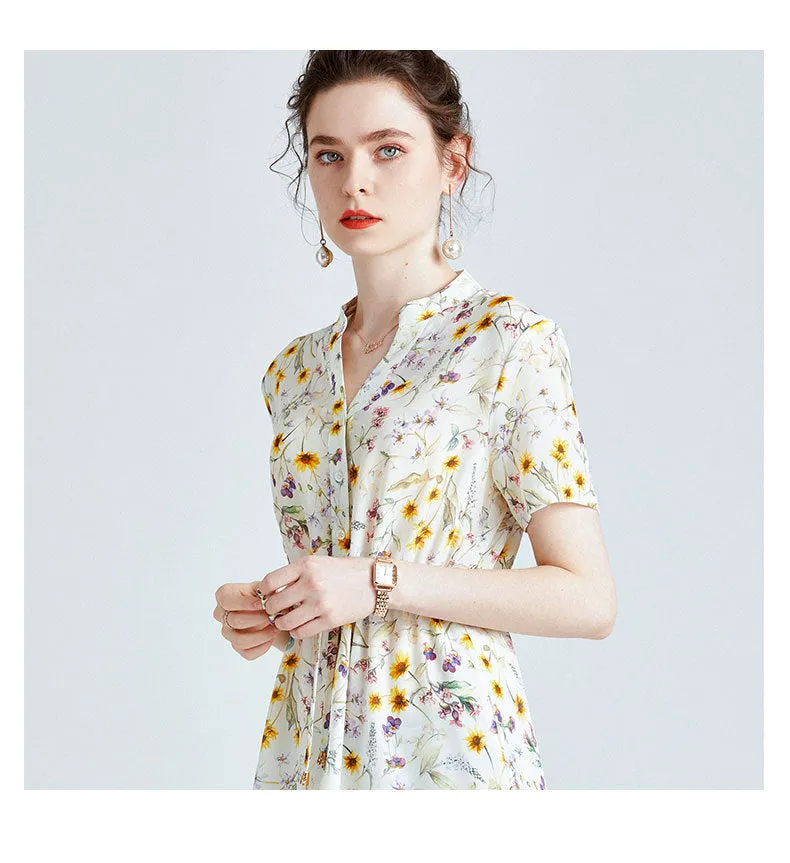 Summer Floral Silk Dress V-neck Short-sleeved Loose Waist Slit Dress