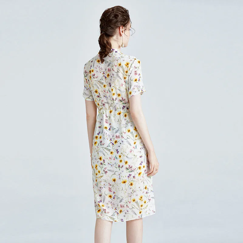 Summer Floral Silk Dress V-neck Short-sleeved Loose Waist Slit Dress