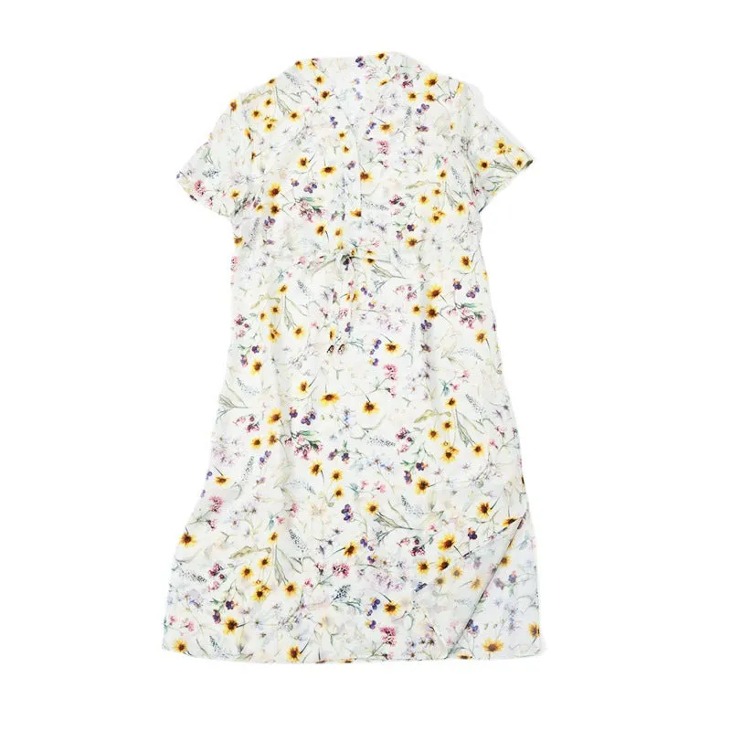 Summer Floral Silk Dress V-neck Short-sleeved Loose Waist Slit Dress