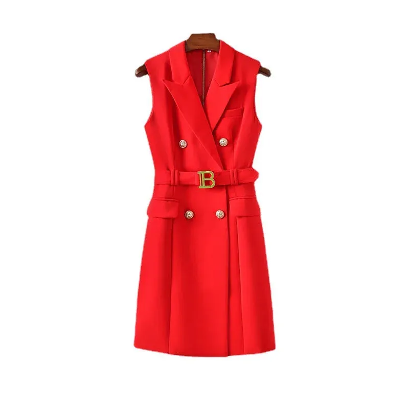 Summer New Sleeveless Red Fashion Commuter Professional Vest Suit Dress Belt Waistband Slim Fit Versatile Style Women's Style