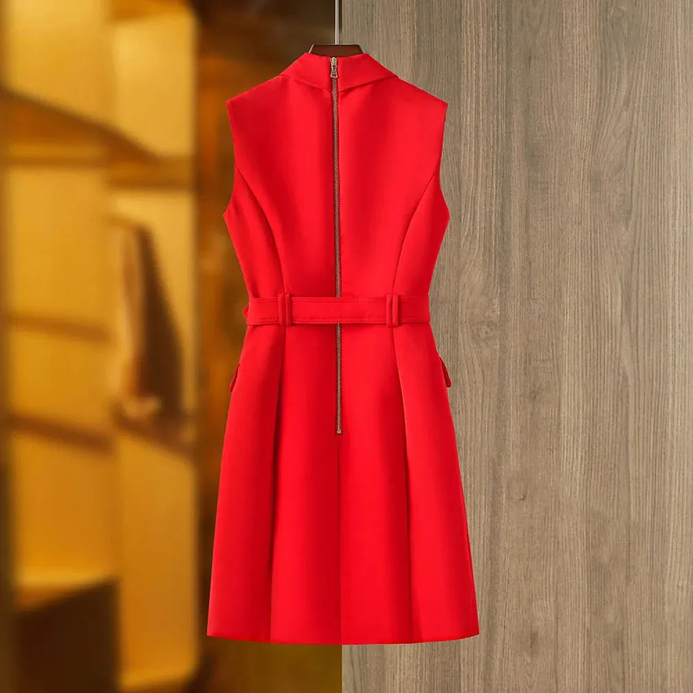 Summer New Sleeveless Red Fashion Commuter Professional Vest Suit Dress Belt Waistband Slim Fit Versatile Style Women's Style