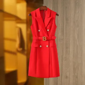 Summer New Sleeveless Red Fashion Commuter Professional Vest Suit Dress Belt Waistband Slim Fit Versatile Style Women's Style