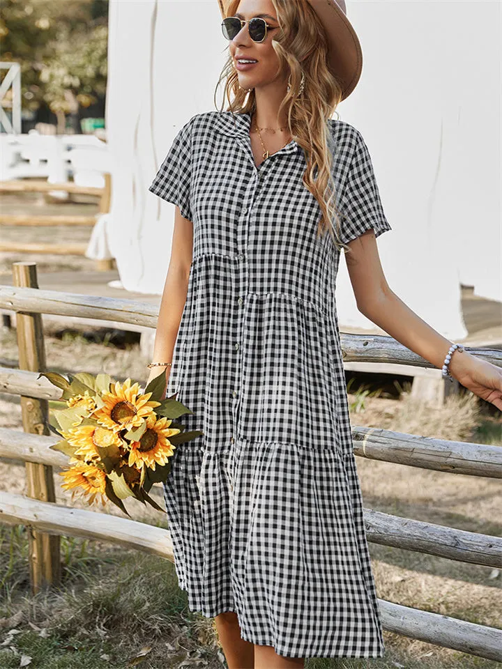 Summer New Temperament Commuter Women's Lapel Plaid High Waist Short-sleeved Dress Shirt Collar Casual Large Swing Type Skirt