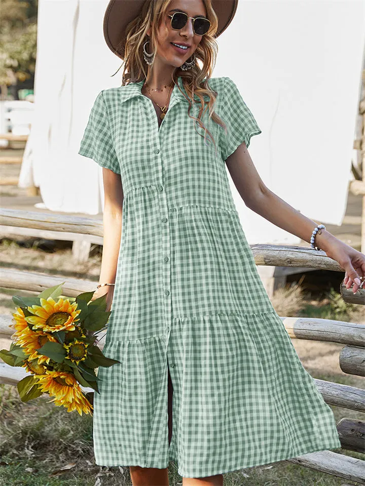 Summer New Temperament Commuter Women's Lapel Plaid High Waist Short-sleeved Dress Shirt Collar Casual Large Swing Type Skirt
